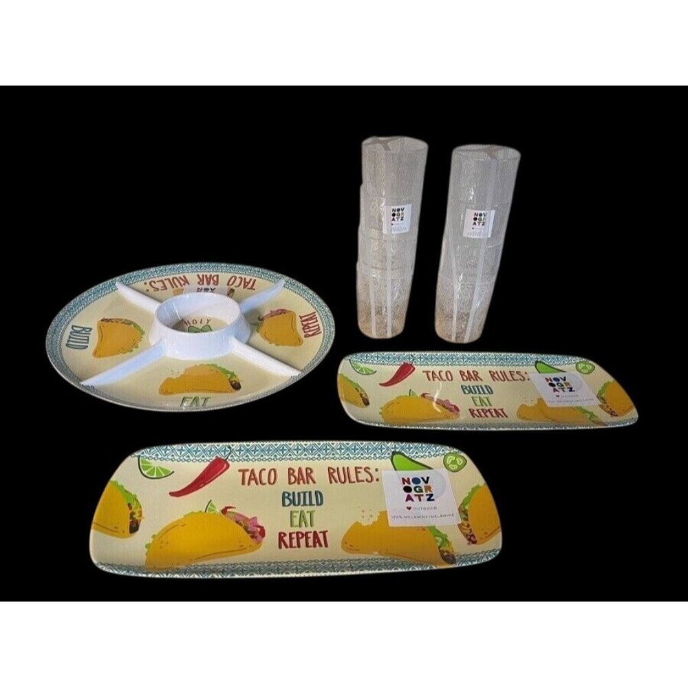 Novogratz 11-Piece Melamine Taco Platter Set with Chip & Dip Cups - New